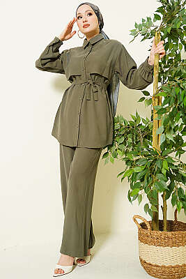 Göğüs Pelerin Kuşaklı Tensel İkili Takım Haki - İkili Takım