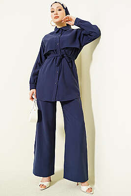 Göğüs Pelerin Kuşaklı Tensel İkili Takım Lacivert - İkili Takım