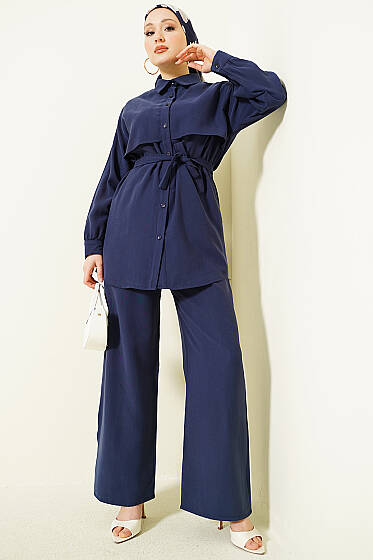 Göğüs Pelerin Kuşaklı Tensel İkili Takım Lacivert - İkili Takım