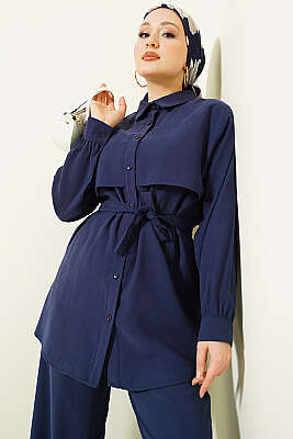 Göğüs Pelerin Kuşaklı Tensel İkili Takım Lacivert - İkili Takım