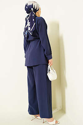 Göğüs Pelerin Kuşaklı Tensel İkili Takım Lacivert - İkili Takım