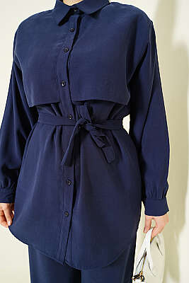 Göğüs Pelerin Kuşaklı Tensel İkili Takım Lacivert - İkili Takım