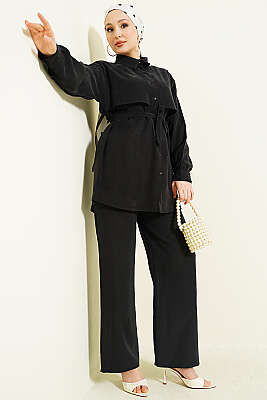 Göğüs Pelerin Kuşaklı Tensel İkili Takım Siyah 