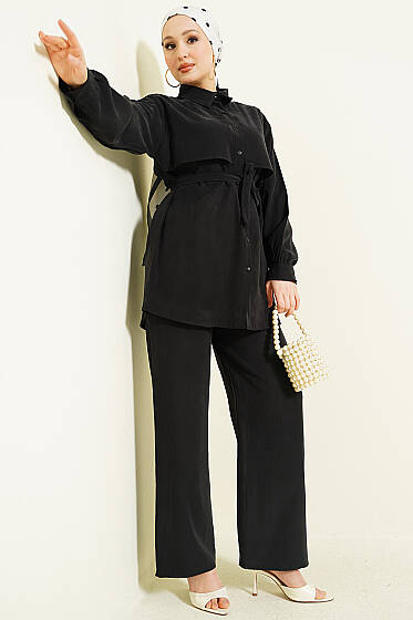 Göğüs Pelerin Kuşaklı Tensel İkili Takım Siyah - İkili Takım