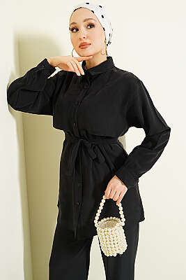 Göğüs Pelerin Kuşaklı Tensel İkili Takım Siyah - İkili Takım