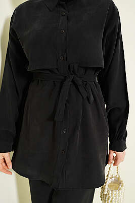 Göğüs Pelerin Kuşaklı Tensel İkili Takım Siyah - İkili Takım