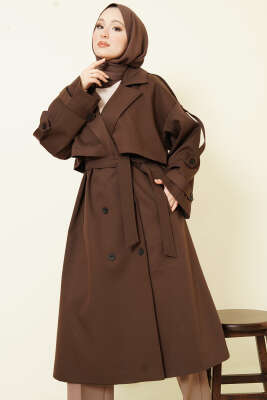 Göğüs Pelerinli Apoletli Uzun Trençkot Kahve - Bayram Kombinleri