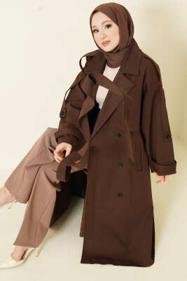 Göğüs Pelerinli Apoletli Uzun Trençkot Kahve - MİSS PERRY