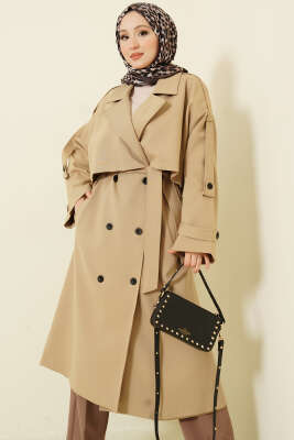 Göğüs Pelerinli Apoletli Uzun Trençkot Karamel - MİSS PERRY