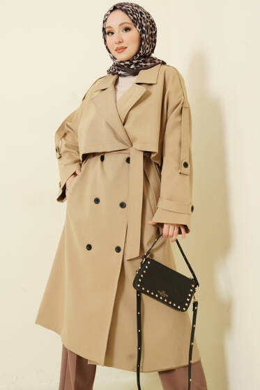 Göğüs Pelerinli Apoletli Uzun Trençkot Karamel - Bayram Kombinleri
