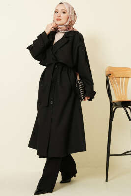 Göğüs Pelerinli Apoletli Uzun Trençkot Siyah - MİSS PERRY