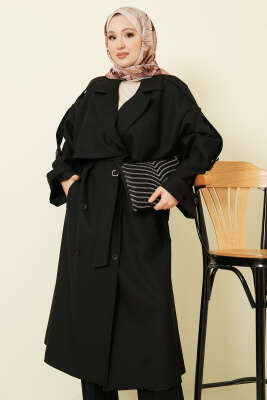 Göğüs Pelerinli Apoletli Uzun Trençkot Siyah - Trençkot