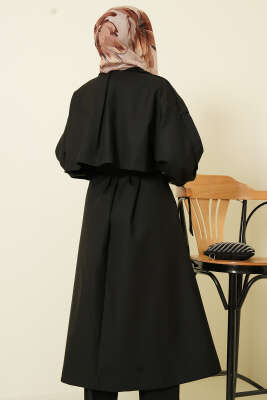 Göğüs Pelerinli Apoletli Uzun Trençkot Siyah - Trençkot