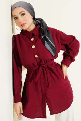 Göğüs Pelerinli Kuşaklı Modal Gömlek Bordo 