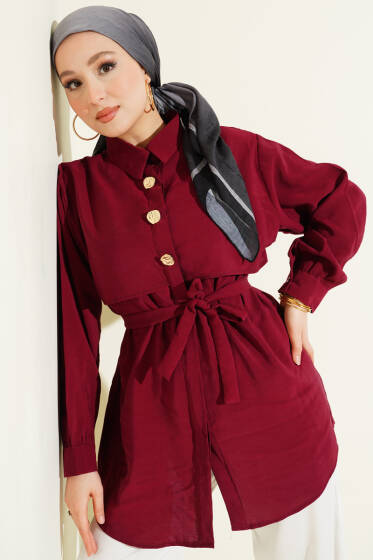 Göğüs Pelerinli Kuşaklı Modal Gömlek Bordo - Bayram Kombinleri