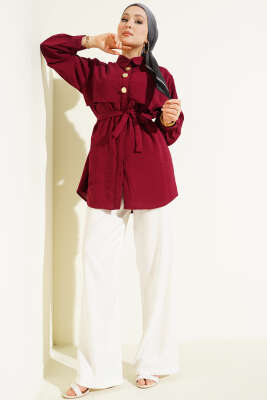 Göğüs Pelerinli Kuşaklı Modal Gömlek Bordo - Bayram Kombinleri