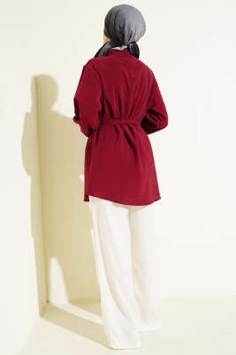 Göğüs Pelerinli Kuşaklı Modal Gömlek Bordo - Bayram Kombinleri