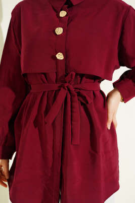 Göğüs Pelerinli Kuşaklı Modal Gömlek Bordo - Gömlek