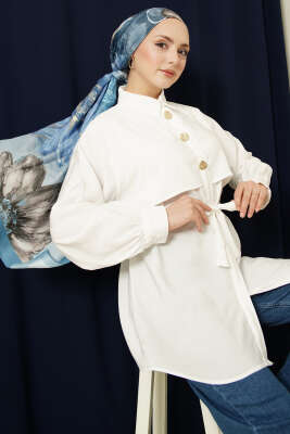 Göğüs Pelerinli Kuşaklı Modal Gömlek Ekru 