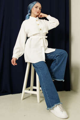 Göğüs Pelerinli Kuşaklı Modal Gömlek Ekru - Gömlek