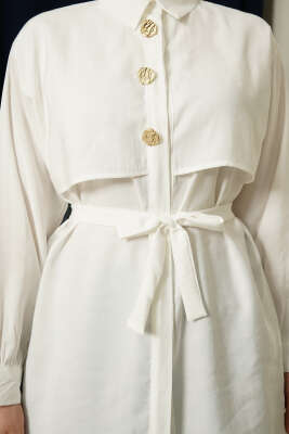 Göğüs Pelerinli Kuşaklı Modal Gömlek Ekru - Gömlek