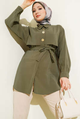 Göğüs Pelerinli Kuşaklı Modal Gömlek Haki 