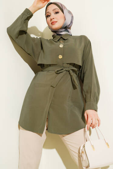 Göğüs Pelerinli Kuşaklı Modal Gömlek Haki - Bayram Kombinleri