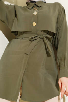 Göğüs Pelerinli Kuşaklı Modal Gömlek Haki - Bayram Kombinleri