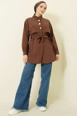 Göğüs Pelerinli Kuşaklı Modal Gömlek Kahve - Bayram Kombinleri