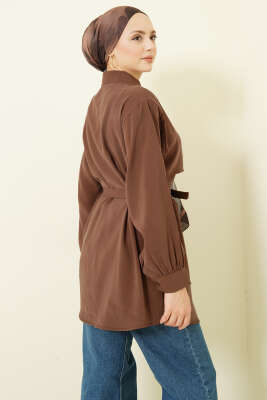 Göğüs Pelerinli Kuşaklı Modal Gömlek Kahve - Bayram Kombinleri