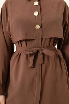 Göğüs Pelerinli Kuşaklı Modal Gömlek Kahve - Bayram Kombinleri