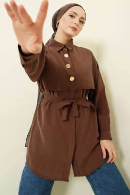 Göğüs Pelerinli Kuşaklı Modal Gömlek Kahve - NEVA MODA