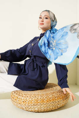 Göğüs Pelerinli Kuşaklı Modal Gömlek Lacivert 