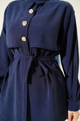 Göğüs Pelerinli Kuşaklı Modal Gömlek Lacivert - Bayram Kombinleri