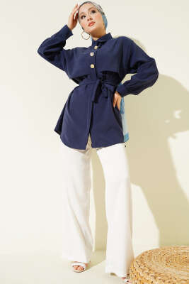 Göğüs Pelerinli Kuşaklı Modal Gömlek Lacivert - Gömlek