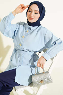 Göğüs Pelerinli Kuşaklı Modal Gömlek Mavi - NEVA MODA