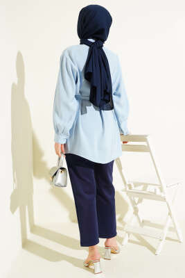 Göğüs Pelerinli Kuşaklı Modal Gömlek Mavi - Bayram Kombinleri