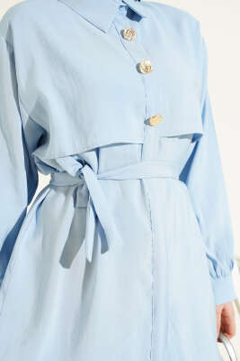 Göğüs Pelerinli Kuşaklı Modal Gömlek Mavi - Bayram Kombinleri