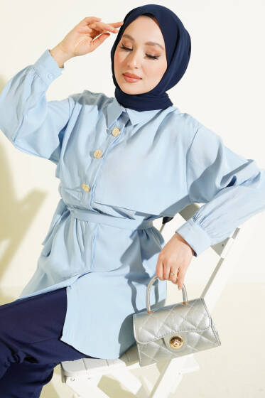 Göğüs Pelerinli Kuşaklı Modal Gömlek Mavi - Gömlek