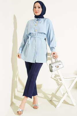 Göğüs Pelerinli Kuşaklı Modal Gömlek Mavi - Gömlek