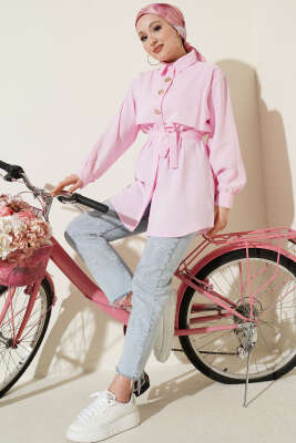 Göğüs Pelerinli Kuşaklı Modal Gömlek Pembe - Gömlek