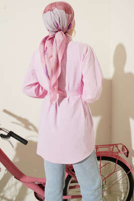 Göğüs Pelerinli Kuşaklı Modal Gömlek Pembe - Gömlek