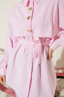 Göğüs Pelerinli Kuşaklı Modal Gömlek Pembe - Gömlek