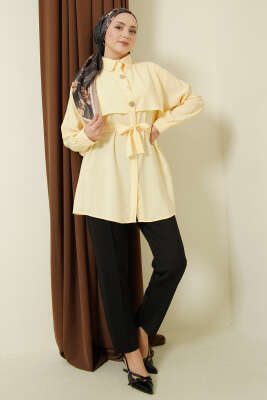 Göğüs Pelerinli Kuşaklı Modal Gömlek Sarı - Bayram Kombinleri