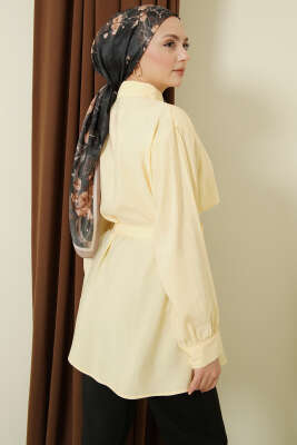 Göğüs Pelerinli Kuşaklı Modal Gömlek Sarı - Bayram Kombinleri