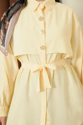 Göğüs Pelerinli Kuşaklı Modal Gömlek Sarı - Bayram Kombinleri