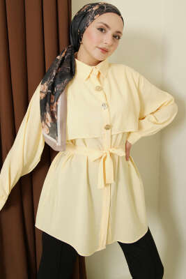 Göğüs Pelerinli Kuşaklı Modal Gömlek Sarı - NEVA MODA