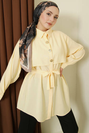 Göğüs Pelerinli Kuşaklı Modal Gömlek Sarı - Gömlek