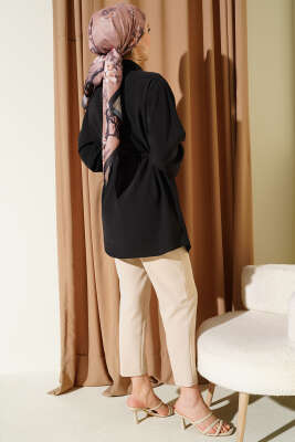 Göğüs Pelerinli Kuşaklı Modal Gömlek Siyah - Bayram Kombinleri