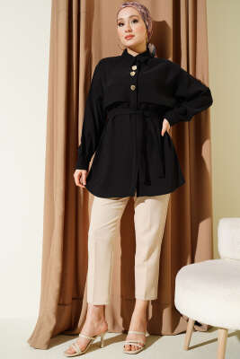 Göğüs Pelerinli Kuşaklı Modal Gömlek Siyah - Gömlek